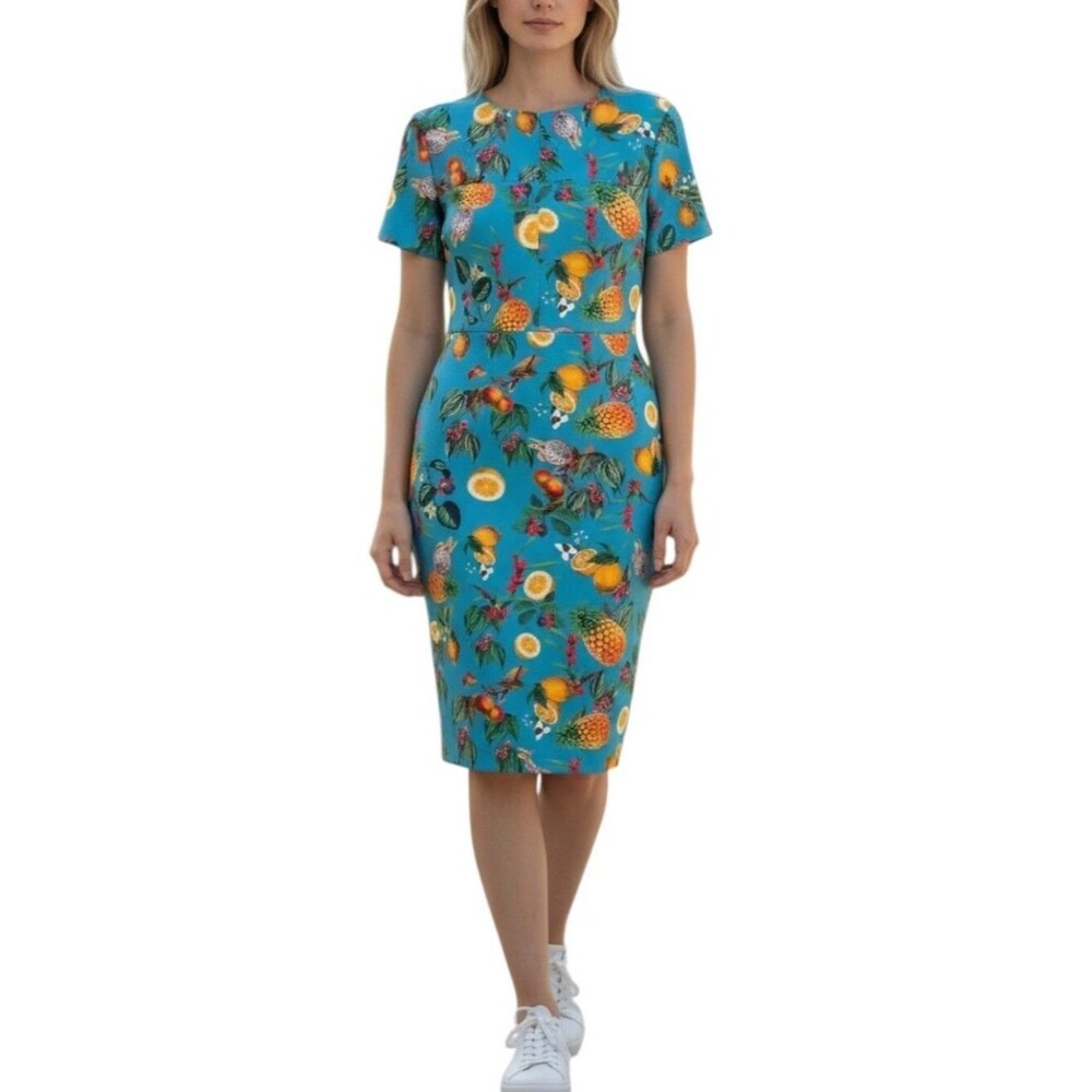 New York & Company Teal Tropical Fruit Print Midi Dress